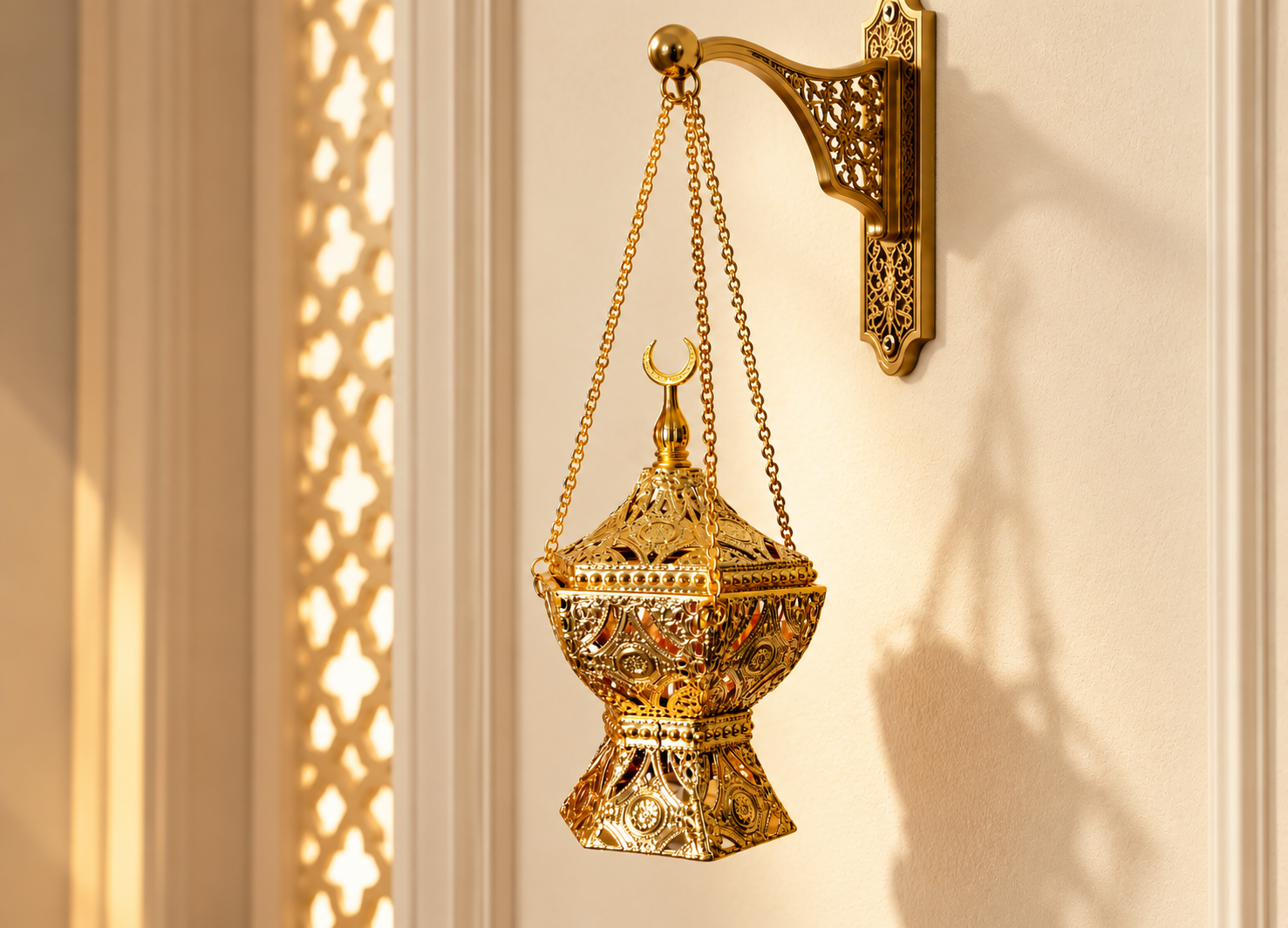 Ornate gold bakhoor burner with Arabic design, hanging chain, and incense smoke