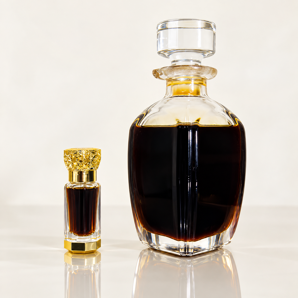 A clear glass perfume decanter filled with dark amber liquid stands next to a small matching glass perfume bottle with a gold cap, on a reflective white surface against a light background.