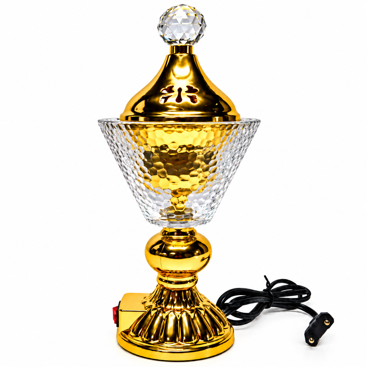 Golden electric bakhoor burner with crystal glass bowl and ornate Arabian design