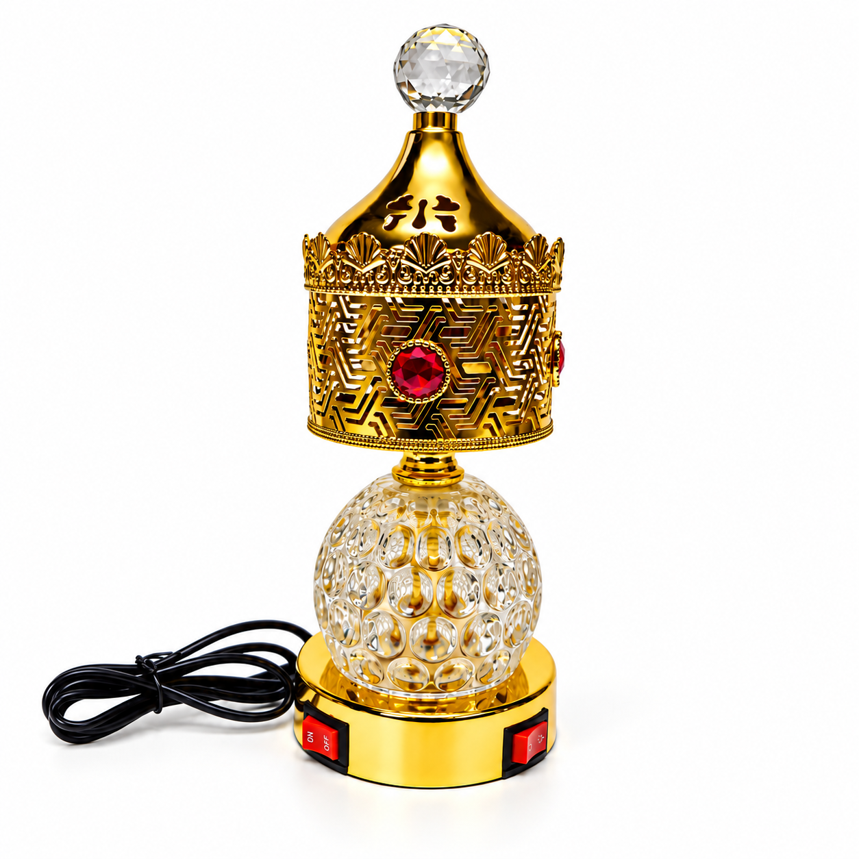 Royal Gold Electric Bakhoor Burner with Crystal Glass Base, Ornate Golden Design and Red Gemstone Details